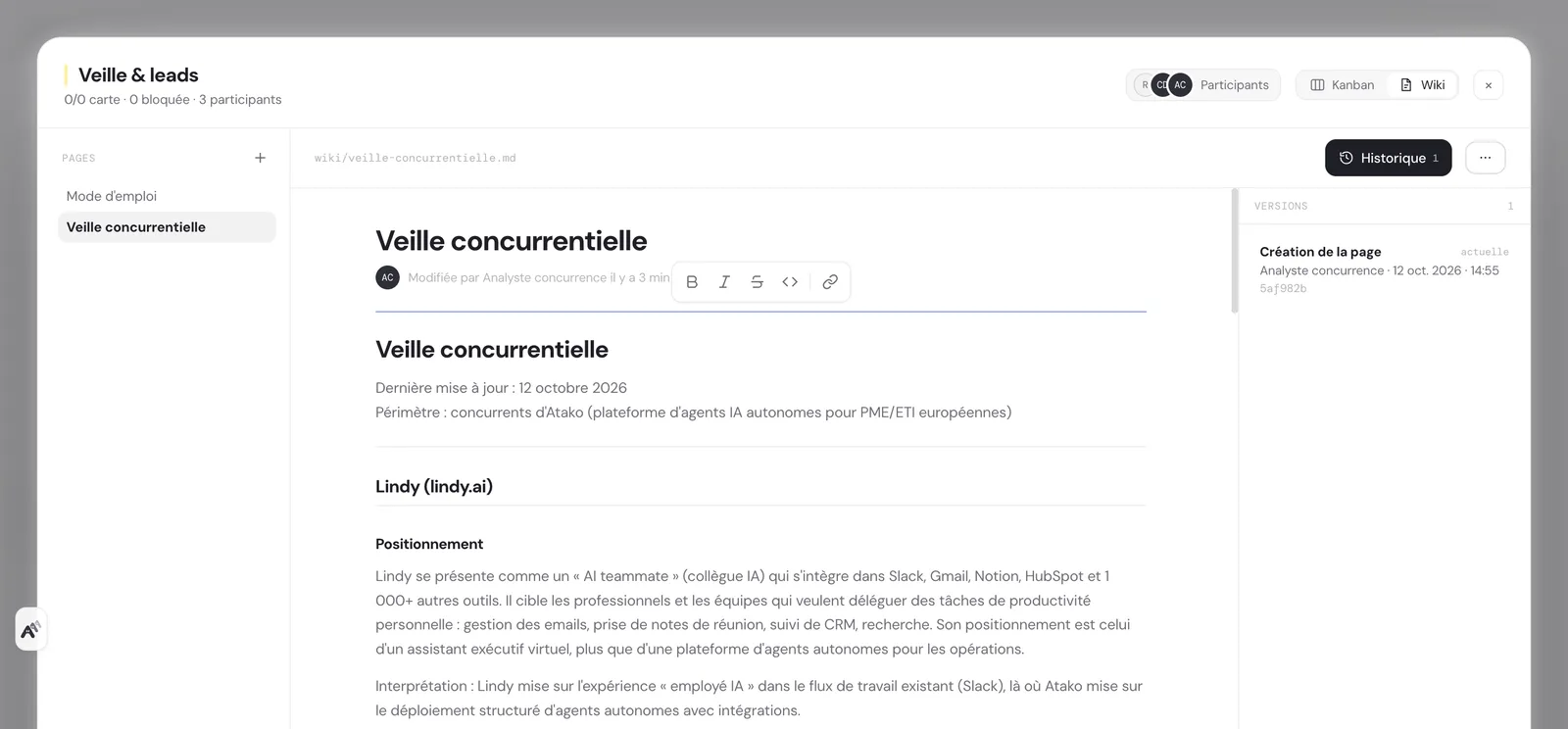 “Competitive intelligence” wiki page written by the agent in the project