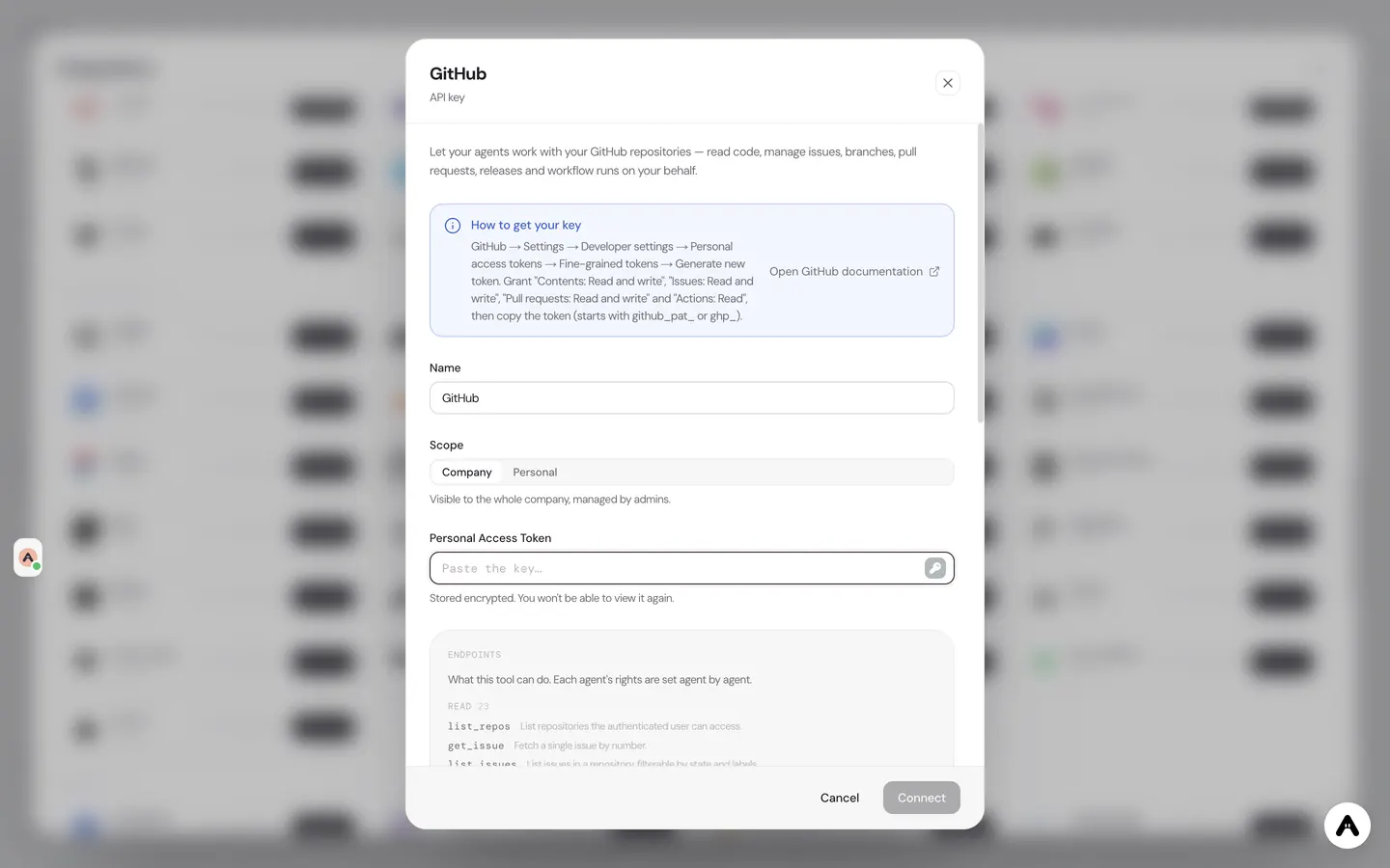 New GitHub connection dialog in Atako: name, scope and an empty personal access token field.