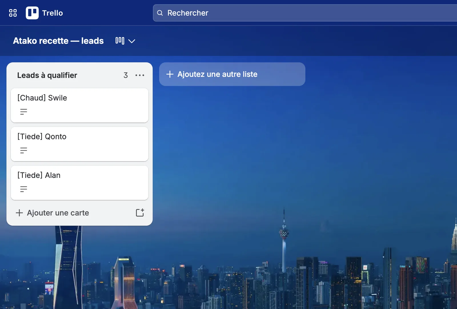 Trello board: one card per lead, with its temperature